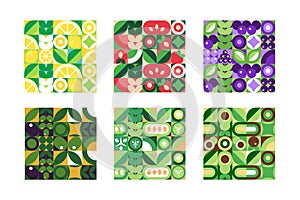 Square Fruit and Vegetable Patterns. Mosaic Set