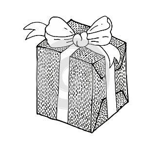 Square gift with a large bow drawn by hand graphics. Vector doodles on white background