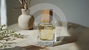 A square glass bottle with a wooden cap and muted earthtone label holding a natural botanical perfume