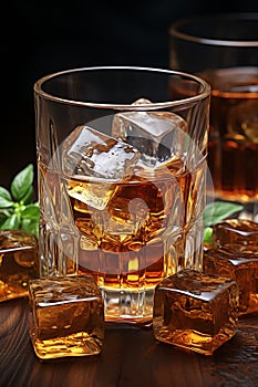 Square glass, filled with whiskey and ice cubes photo