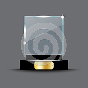 Square glass trophy. Winner concept. Grey background. Freehand art. Achievement time. Vector illustration. Stock image.