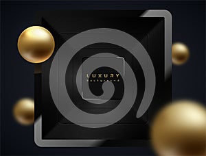 Square glossy luxury black line frame gold sphere. Realistic border glass frame with reflection, dark background. Abstract golden