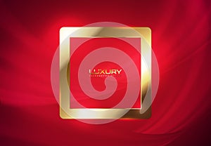 Square glossy luxury golden frame. Border for logo, name, label. Realistic gold frame, luxury red abstract background flow pattern