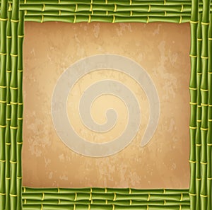 Square green bamboo sticks border frame with worn paper or canvas