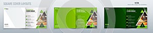 Square green magazine template layout design with triangles. Corporate business annual report, catalog, magazine, flyer
