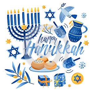 Square greeting card or postcard template with Happy Hanukkah lettering and holiday symbols and attributes - menorah