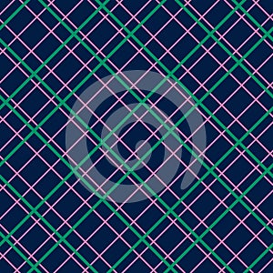 Square grid vector seamless pattern. Retro abstract linear geometric texture. Dark blue, green and pink colors