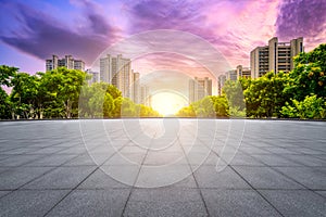 Square ground and city buildings background