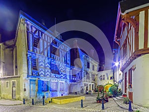 Square with half-timbered houses, in the medieval village Noyers-sur-Serein