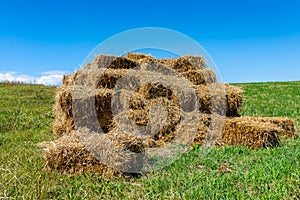 Square hay bales on green meadow with blue sky