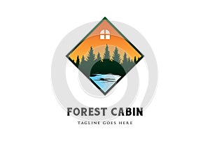 Square House with Pine Cedar Conifer Evergreen Fir Cypress Larch Trees Forest and River Creek for Cabin Chalet Cottage Camp Logo