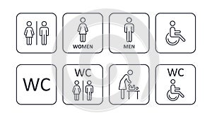 Square icons male female disabled restroom, parenting room. Illustration of toilet men women disabled, mother and child. Editable