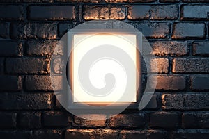 Square Illuminated Frame Mounted on Dark Brick Wall