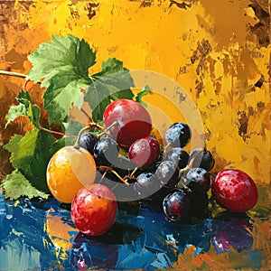 Still life painting of colorful grapes using strong brush strokes photo