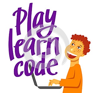 A square vector image of the boy who studies coding. A image for a flyer or a poster for the chidren coding school photo