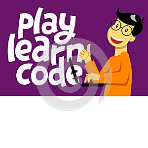 A square vector  image of the boy who studies coding. A image for a flyer or a poster for the chidren coding school. Play learn photo