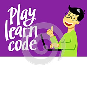 A square vector  image of the boy who studies coding. A image for a flyer or a poster for the chidren coding school. Play learn photo