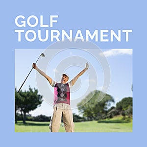 Square image of golf tournament with happy caucasian senior male player and blue frame