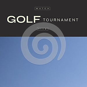 Square image of golf tournament over black and blue background with copy space
