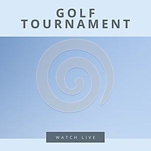 Square image of golf tournament over light and dark blue background with copy space