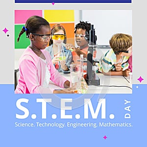 Square image of stem day text and diverse schoolchildren in science class