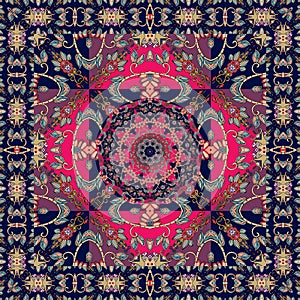 Square indian rug with flower - mandala and ornamental border.