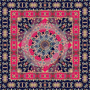 Square indian rug with flower - mandala and ornamental border.
