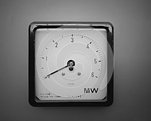 Square industrial wattmeter with the scale measured in milliwatts with an analogue dial and scale on a grey background