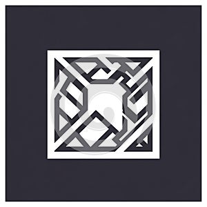 A square, intricate geometric design features interlocking black and white patterns. It