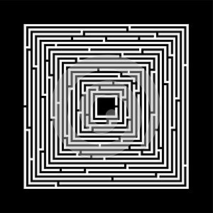 A square labyrinth on a black background with an entrance and a road along black lines