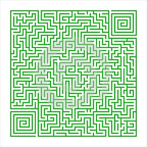 Square labyrinth on a white background with green lines