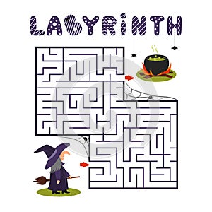 Square labyrinth with witch and cauldron on white background. Children maze. Game for kids. Children puzzle for halloween. Help th