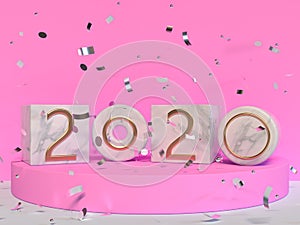 Square marble 2020 type/text number pink wall scene 3d rendering
