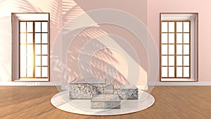 Square marble Podium, golden border, The sunlight shines And the pink wall with Square window with shadow of leaf. Podium Can be u