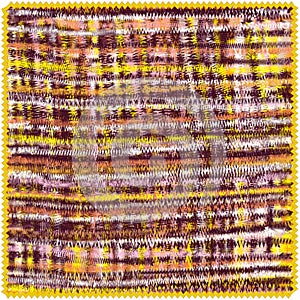 Square mat with horizontal and vertical grunge zigzag stripes in brown, yellow, white, orange, pink colors isolated on whte