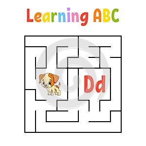 Square maze. Dog animal. Game for kids. Quadrate labyrinth. Education worksheet. Activity page. Learning English alphabet. Cartoon