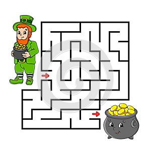 Square maze. Game for kids. Leprechaun and pot. Puzzle for children. Labyrinth conundrum. Color vector illustration. Isolated