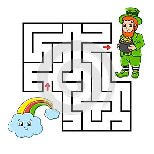 Square maze. Game for kids. Leprechaun and rainbow. Puzzle for children. Labyrinth conundrum. Color vector illustration. Isolated