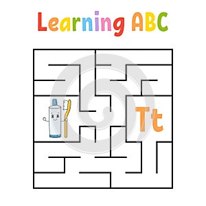 Square maze. Game for kids. Quadrate labyrinth. Education worksheet. Activity page. Learning alphabet. Cute cartoon style. Find