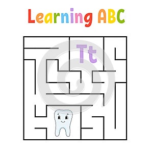 Square maze. Game for kids. Quadrate labyrinth. Education worksheet. Activity page. Learning alphabet. Cute cartoon style. Find