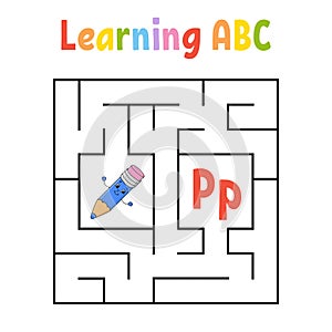 Square maze. Game for kids. Quadrate labyrinth. Education worksheet. Activity page. Learning alphabet. Cute cartoon style. Find