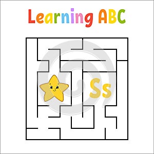 Square maze. Game for kids. Quadrate labyrinth. Education worksheet. Activity page. Learning English alphabet. Cartoon style. Find photo