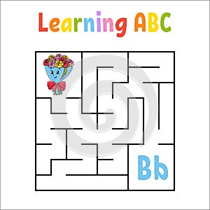 Square maze. Game for kids. Quadrate labyrinth. Education worksheet. Activity page. Learning English alphabet. Cartoon style. Find