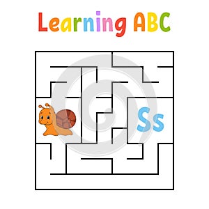 Square maze. Game for kids. Quadrate labyrinth. Education worksheet. Snail mollusk. Activity page. Learning English alphabet.