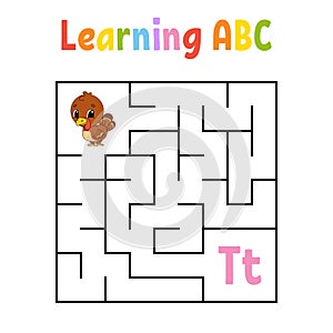 Square maze. Game for kids. Turkey bird. Quadrate labyrinth. Education worksheet. Activity page. Learning English alphabet. photo