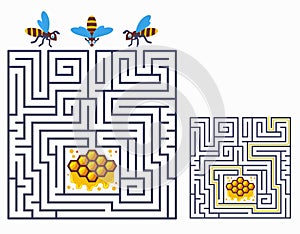 Square maze labyrinth game for kids. Find a way for bees to honeycomb. Three entrance and one right way to go. Vector