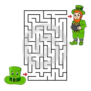 Square maze. Leprechaun and hat. Game for kids. Puzzle for children. Labyrinth conundrum. Color vector illustration. Isolated