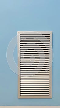 square metal ventilation grate in a blue wall, close view, delivers fresh air and cools