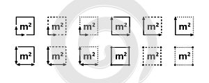 Square Meter icon. M2 sign. Flat area in square metres . Measuring land area icon. Place dimension pictogram. Vector