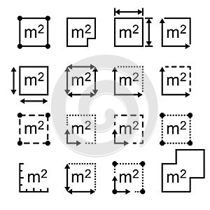 Square Meter icon. M2 sign.Measuring land area icon. Place dimension pictogram. Flat area in square metres. Icon plot area in